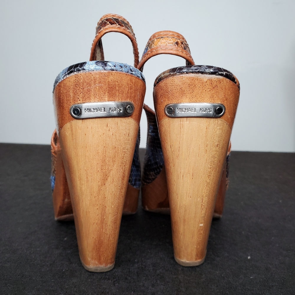 10) MICHAEL KORS Ombre Snake 🐍 Chunk Wood Platform Slingbacks Sz. 8.5 - Picture 5 of 8